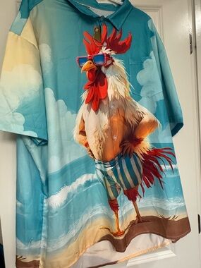 Hardaddy 4X Men's Teal Beach Rooster Print Button-Up Bowling Shirt